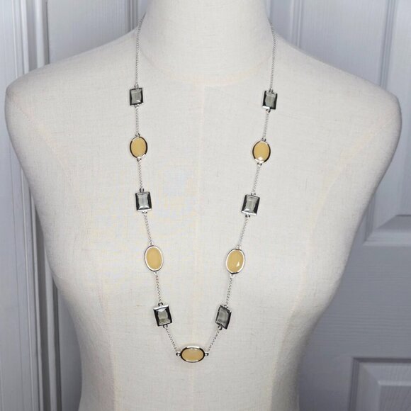 Kate Spade Long Station Resin Stones Yellow Gray Silver-Tone Chain Necklace - Picture 1 of 5